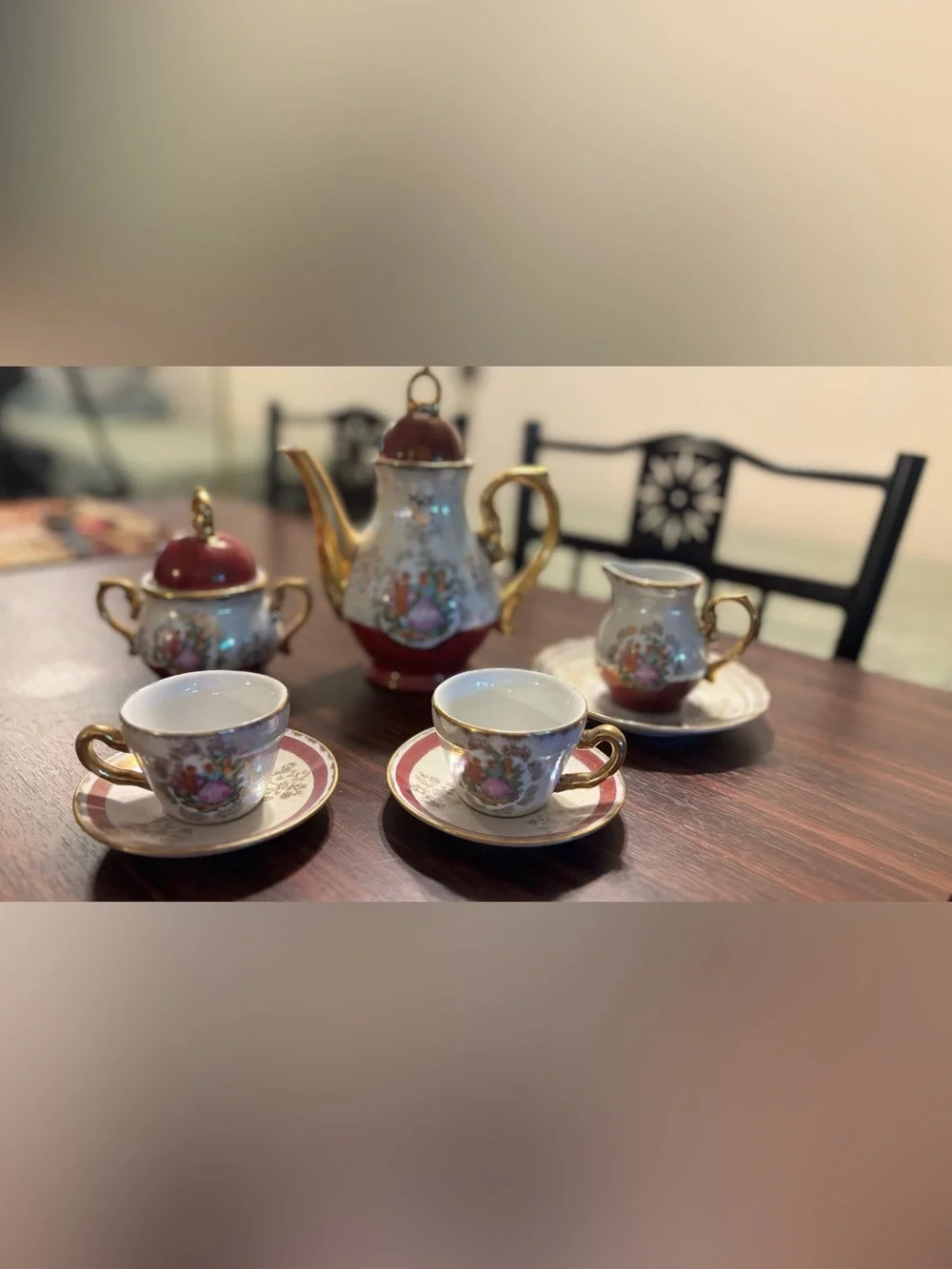 Vintage Lusterware Porcelain Tea Set Courting Couple Gold Trim